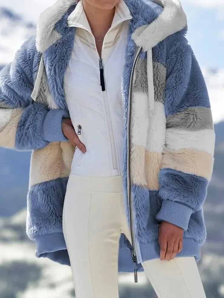 Hooded Zip Front Colorblock Patchwork Fleece Sherpa Jacket