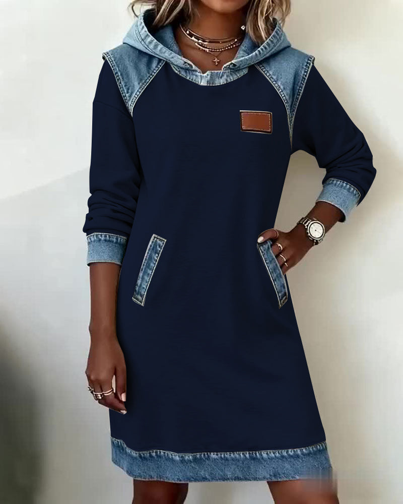 Hooded Long Sleeve Denim Contrast Panel Pocket Sweatshirt Mini Dress