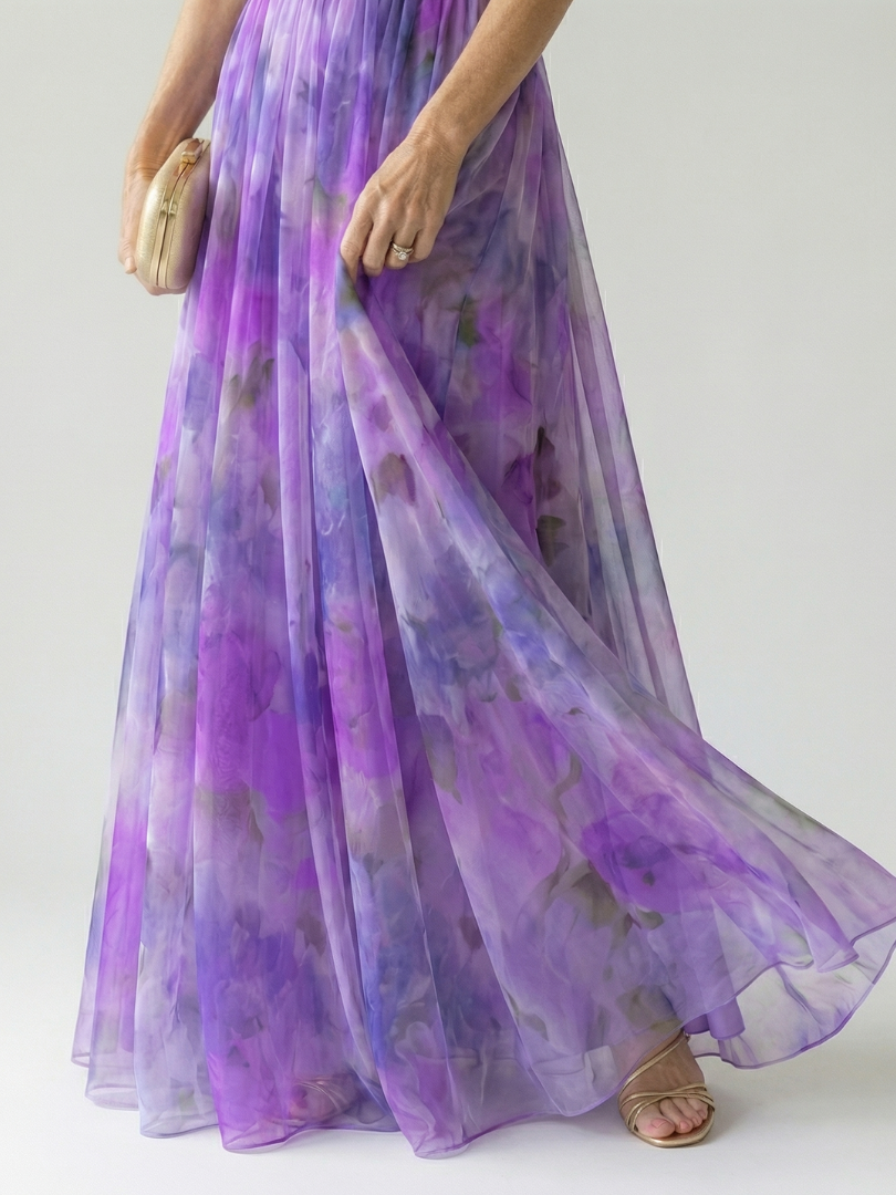 Spaghetti Strap V-Neck Floral Print Pleated Tulle Maxi Gown 16