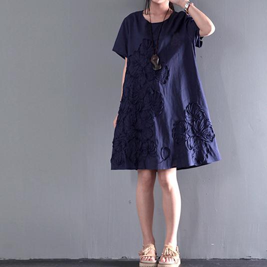 Appliques navy sundress linen summer dresses plus size blouse