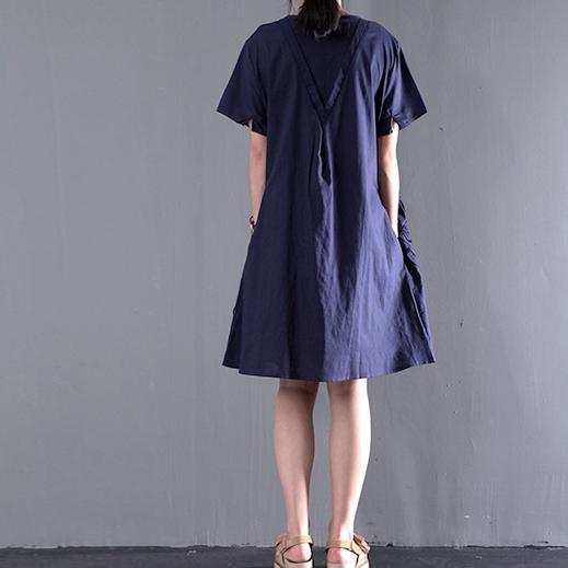 Appliques navy sundress linen summer dresses plus size blouse