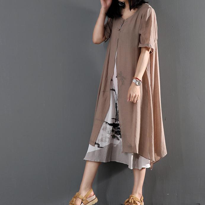 Khaki cotton layered sundress loose causal summer maxi dresses print dress inside
