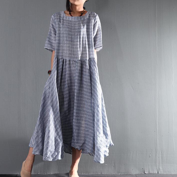 blue striped linen summer maxi dresses layered plus size sundress casual style