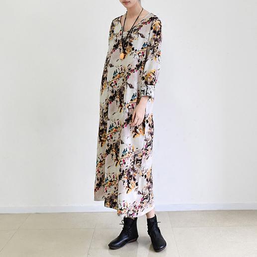 Fall Beige floral cotton dress plus size cotton clothing