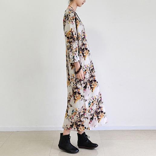 Fall Beige floral cotton dress plus size cotton clothing