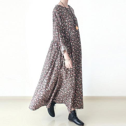 fall brown plus size floral cotton dresses long sleeve maxi dress gown