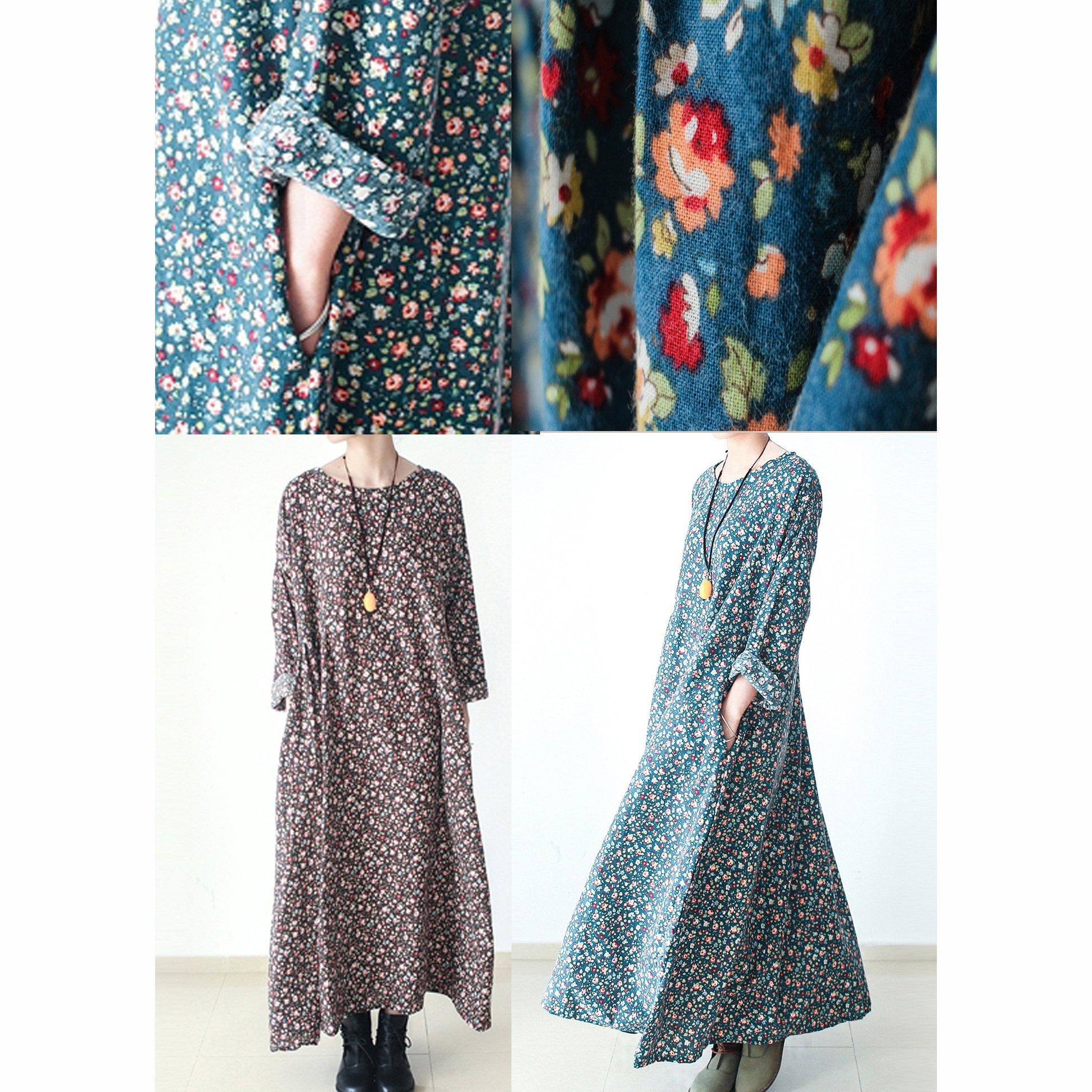 fall brown plus size floral cotton dresses long sleeve maxi dress gown
