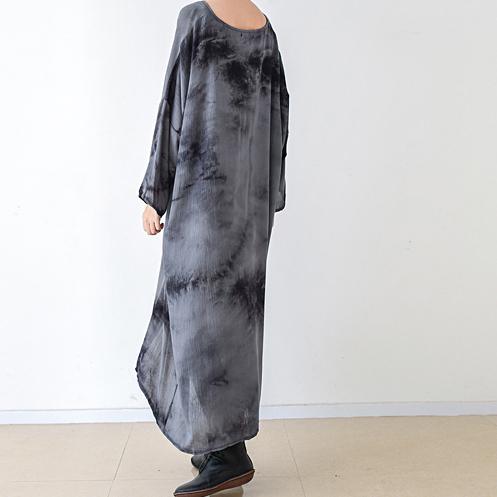 fall gray floral linen dresses asymmetrical long sleeve cotton dress plus size clothing