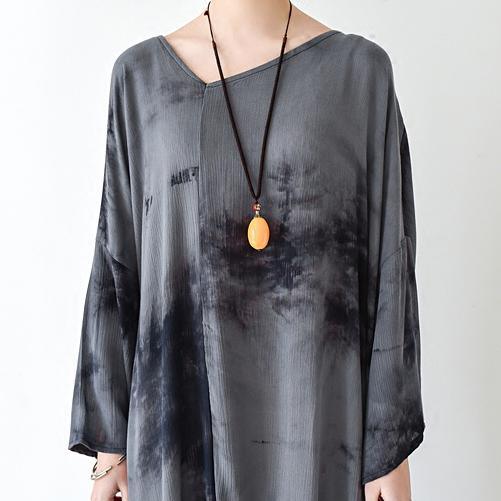 fall gray floral linen dresses asymmetrical long sleeve cotton dress plus size clothing