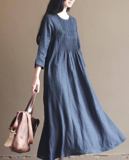 fall navy pleated linen dresses bracelet sleeve linen maxi dress caftans
