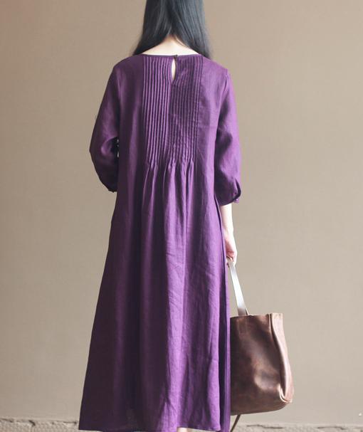 Fall Purple Linen Dresses Bracelet Sleeve Pleated Linen Maxi Dress Gowns