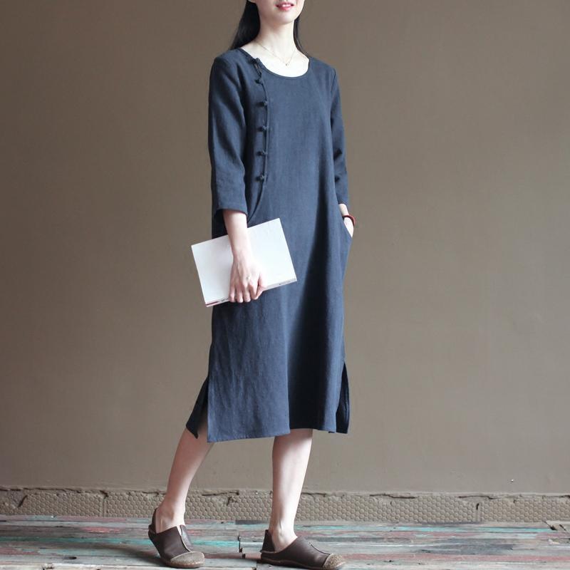 half sleeve navy linen dress summer spring maxi dresses casual style