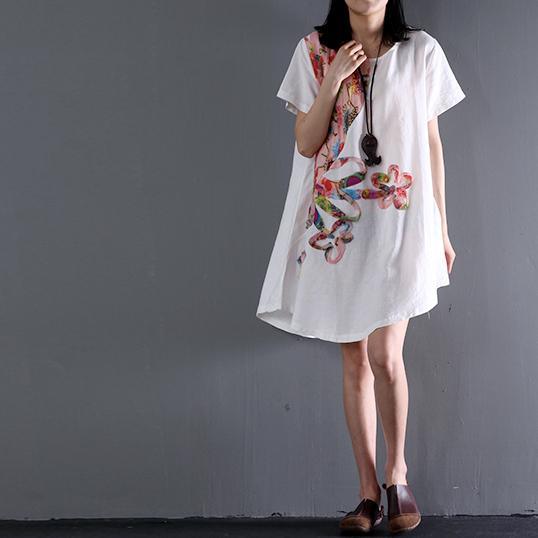 plus size White linen summer blouse shirt dress floral sundress