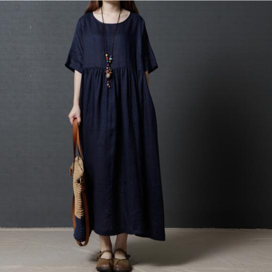 Navy Casual Linen Dresses Plus Size High Waist Sundress Short Sleeve Maxi Dress