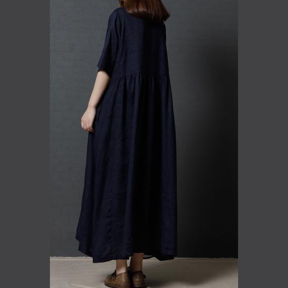 Navy Casual Linen Dresses Plus Size High Waist Sundress Short Sleeve Maxi Dress
