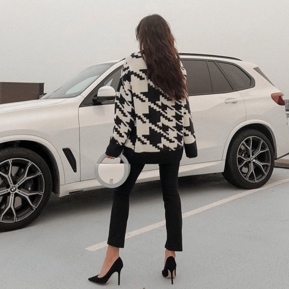 Turtleneck Houndstooth Pattern Oversized Knit Sweater