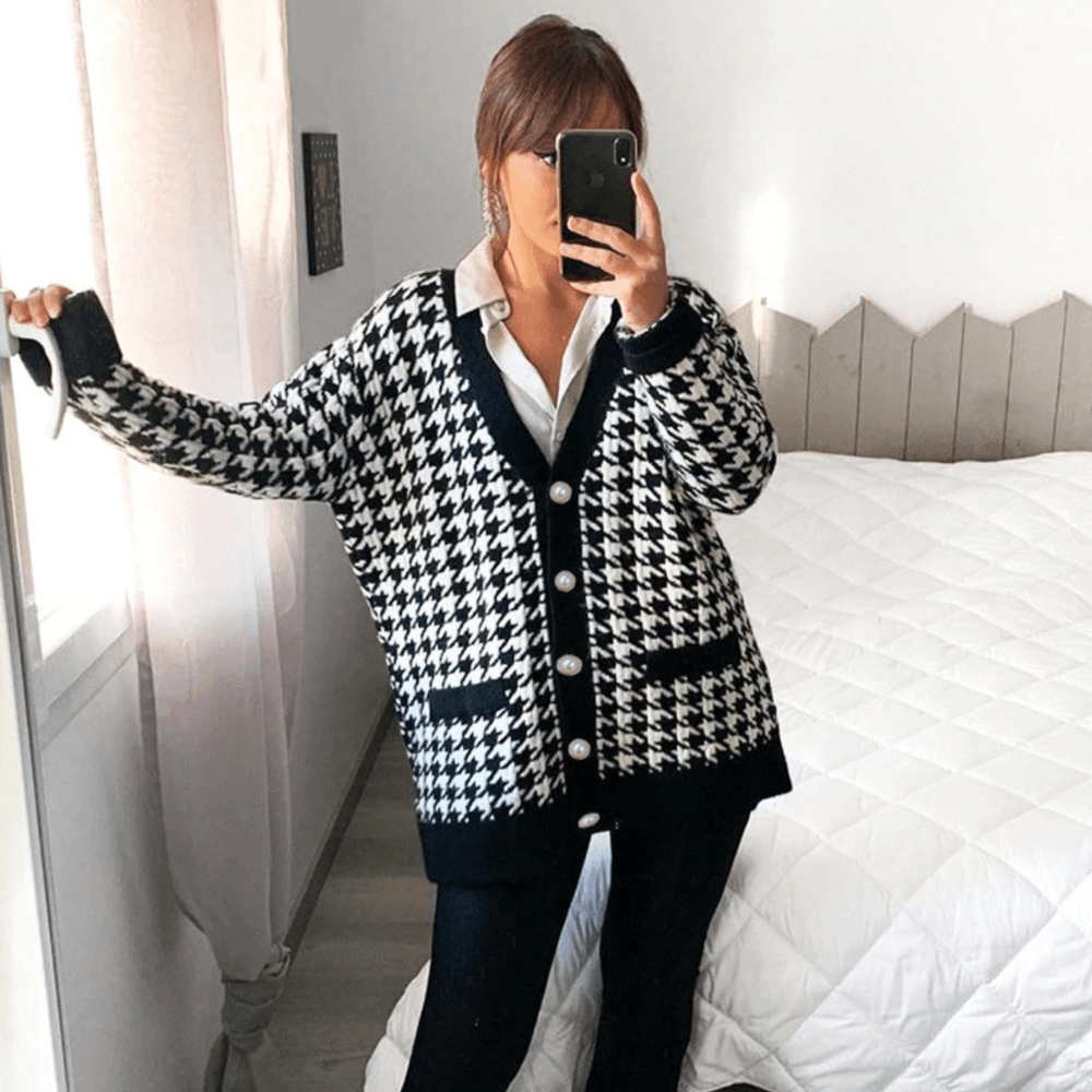 Black V-Neck Houndstooth Pearl Button Knit Cardigan 2
