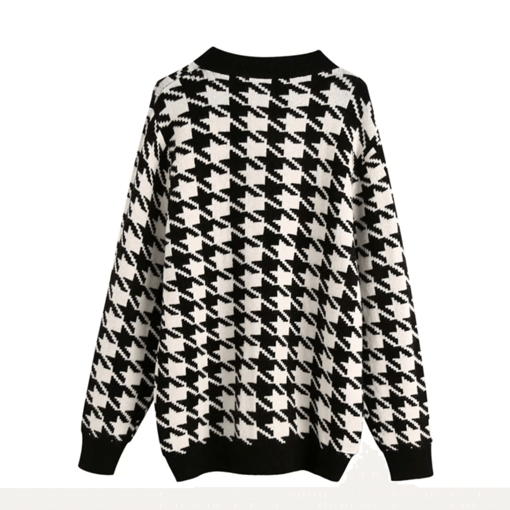 Black V-Neck Houndstooth Pearl Button Knit Cardigan 6