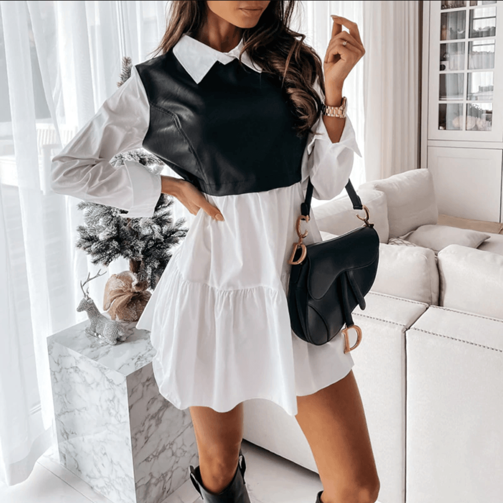 Point Collar Long Sleeve Leather Front Tiered Shirt Mini Dress
