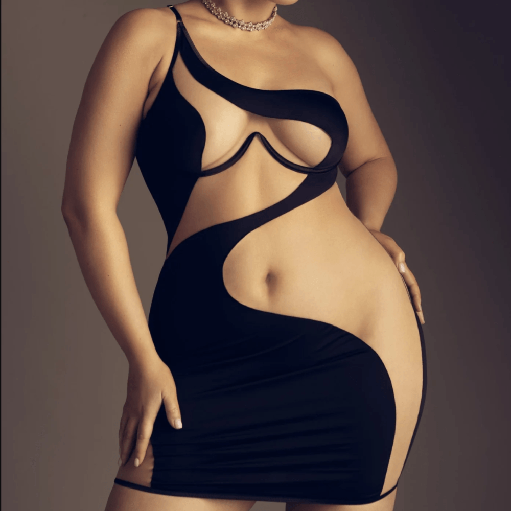 Black One Shoulder Asymmetric Mesh Cutout Illusion Bodycon Mini Dress