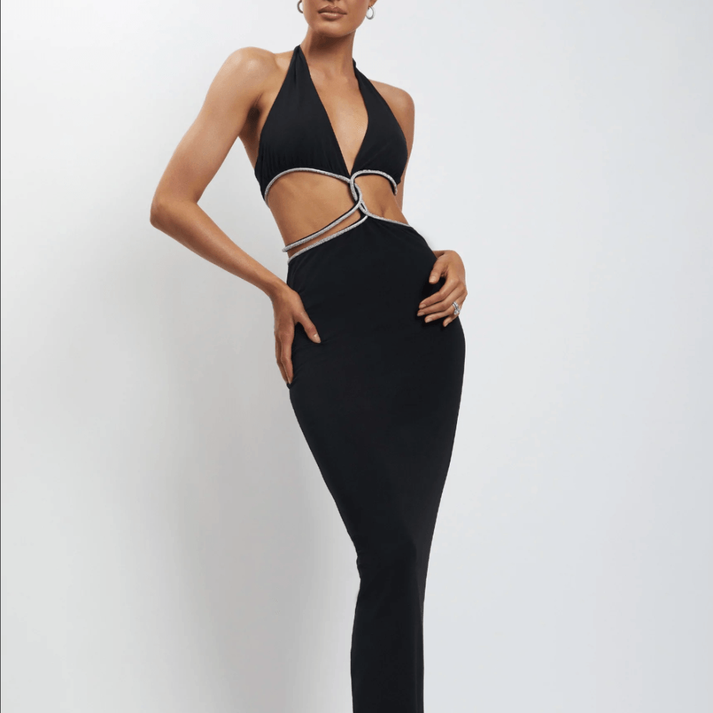 Halter Deep V Rhinestone Twist Cutout Bodycon Maxi Dress