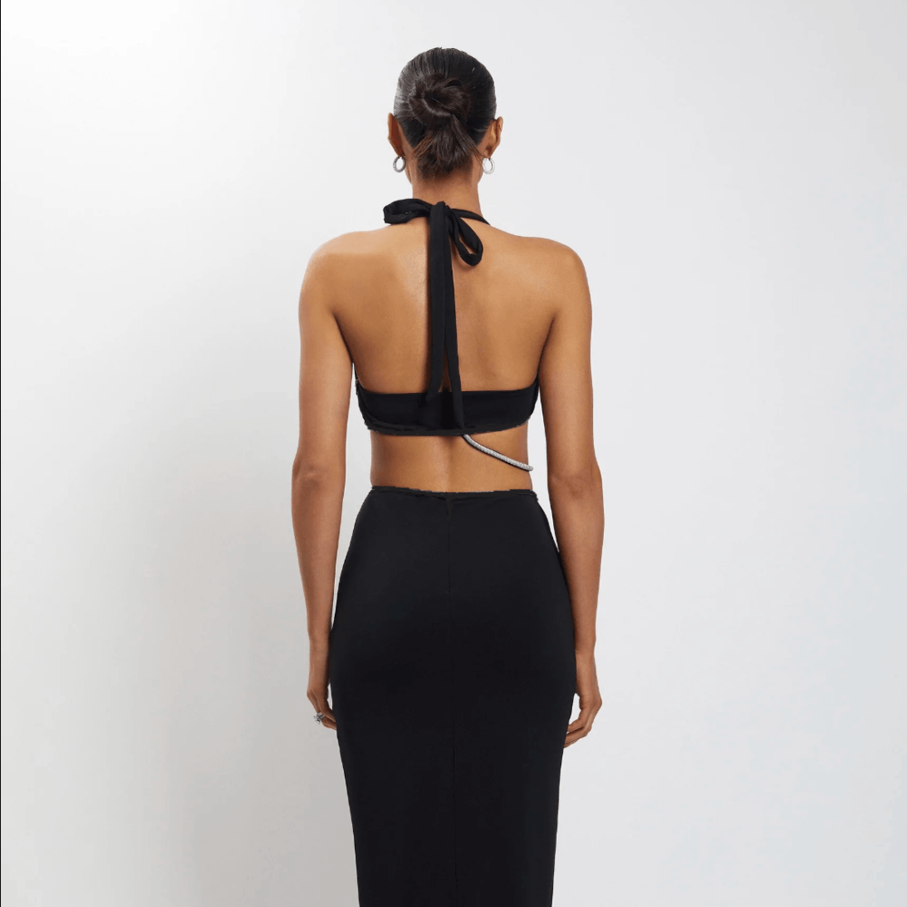 Halter Deep V Rhinestone Twist Cutout Bodycon Maxi Dress