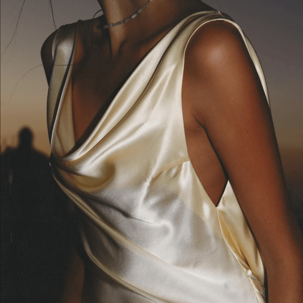 Beige Cowl Neck Plunging Back Satin Slip Maxi Dress