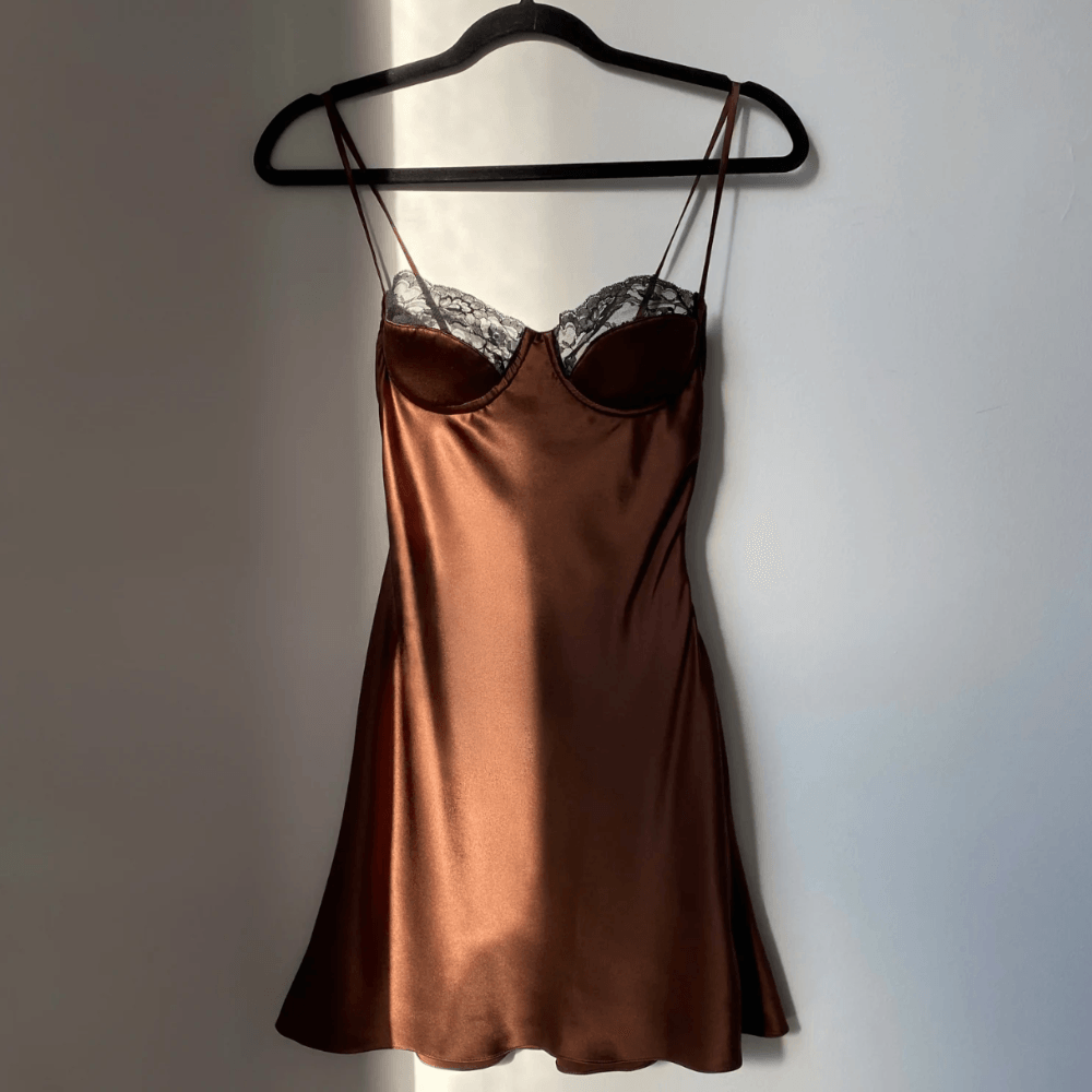 Spaghetti Strap Lace Trim Satin Slip Mini Dress