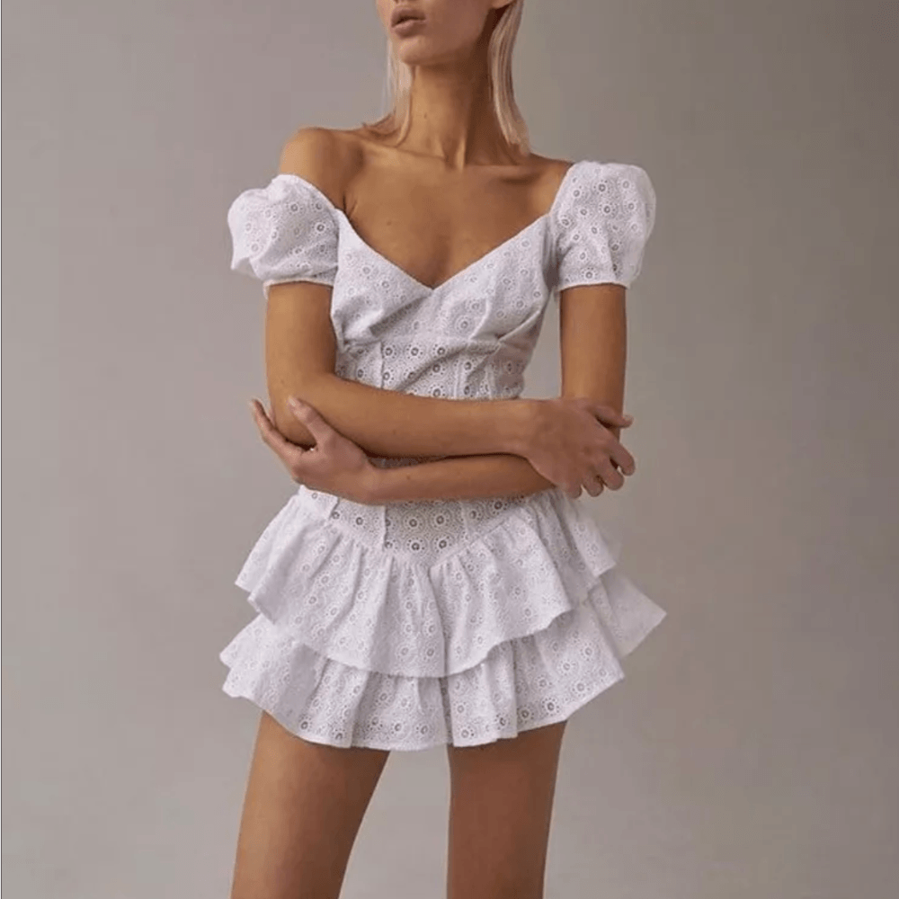 Sweetheart Neck Puff Sleeve Eyelet Tiered Ruffle Mini Dress