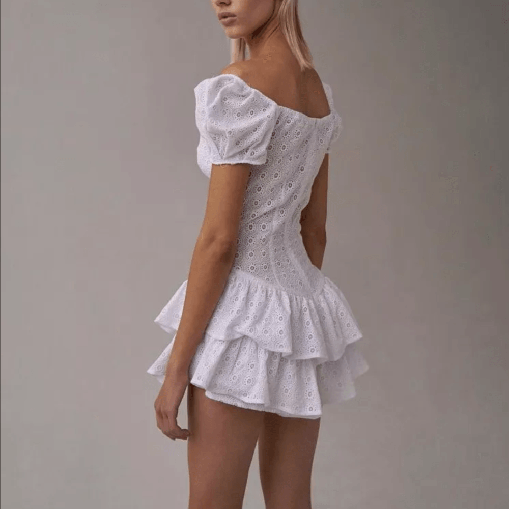 Sweetheart Neck Puff Sleeve Eyelet Tiered Ruffle Mini Dress