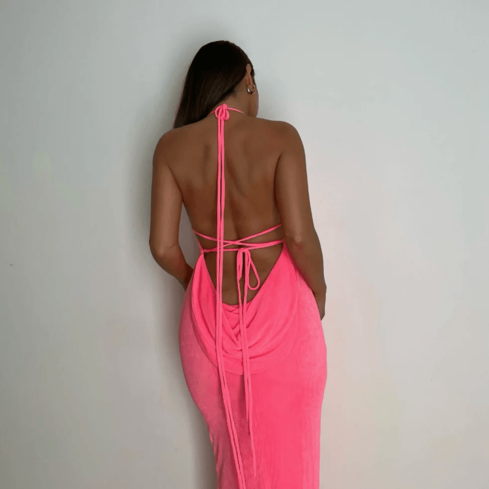 Halter Backless Lace-Up Draped Back Bodycon Maxi Dress