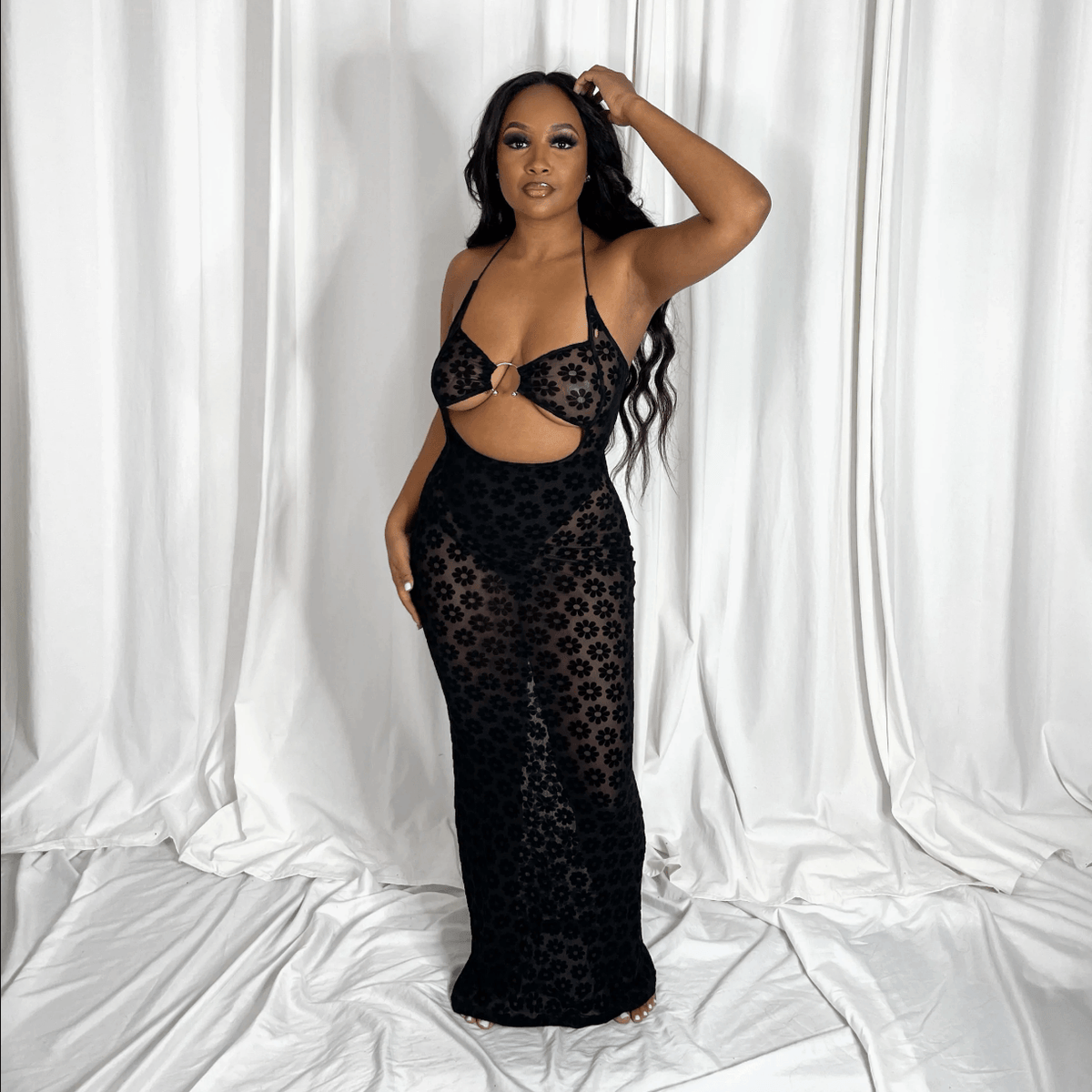 Black Halter Strap Daisy Mesh Cutout Bodycon Maxi Dress 4