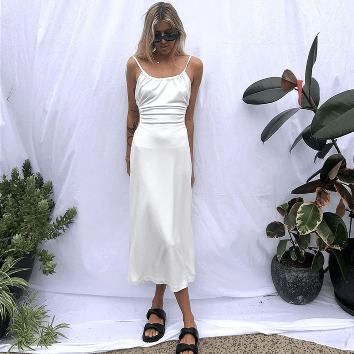 White Spaghetti Strap Ruched Cutout Backless Satin Midi Dress