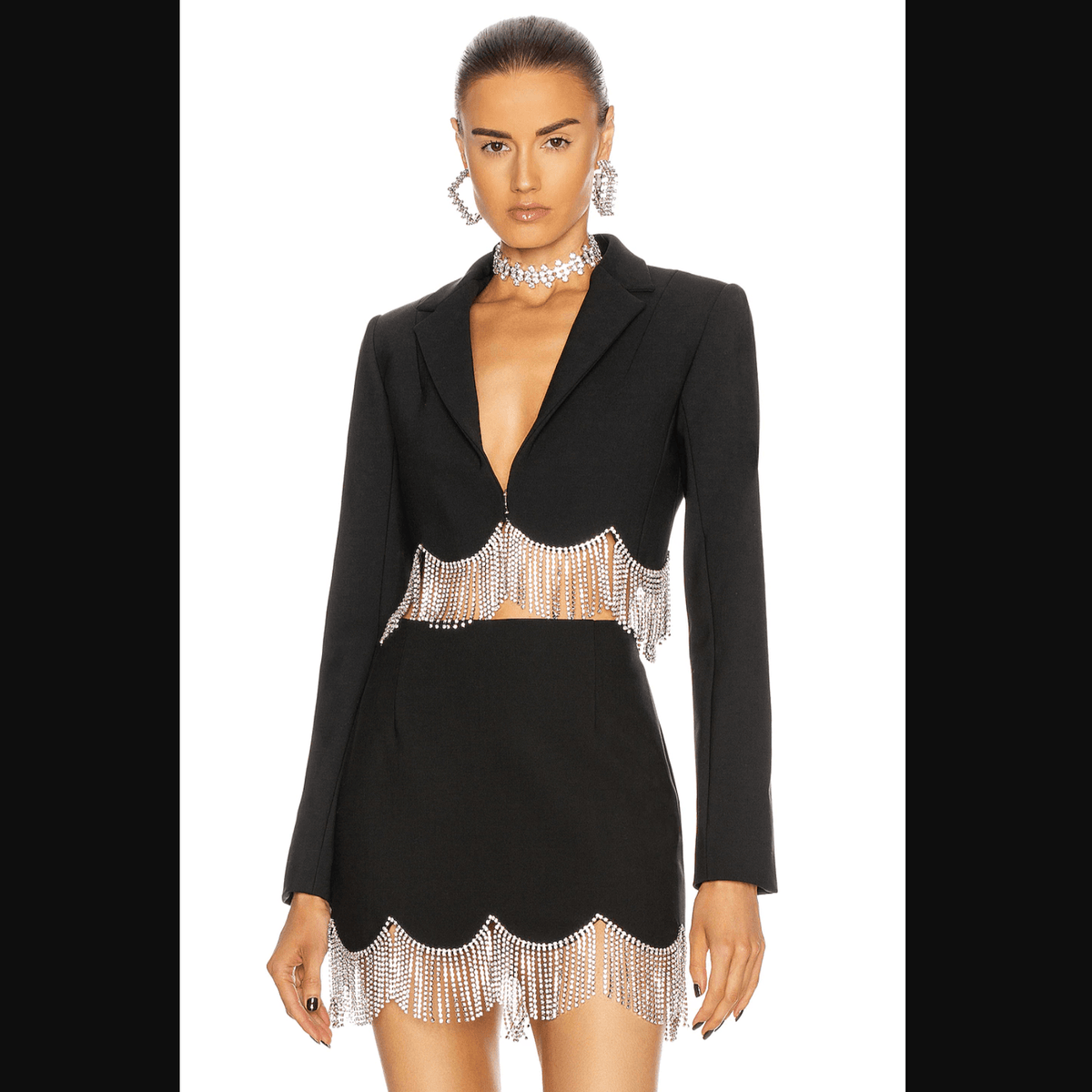 Black Long Sleeve Crystal Fringe Blazer Mini Skirt Two Piece Set