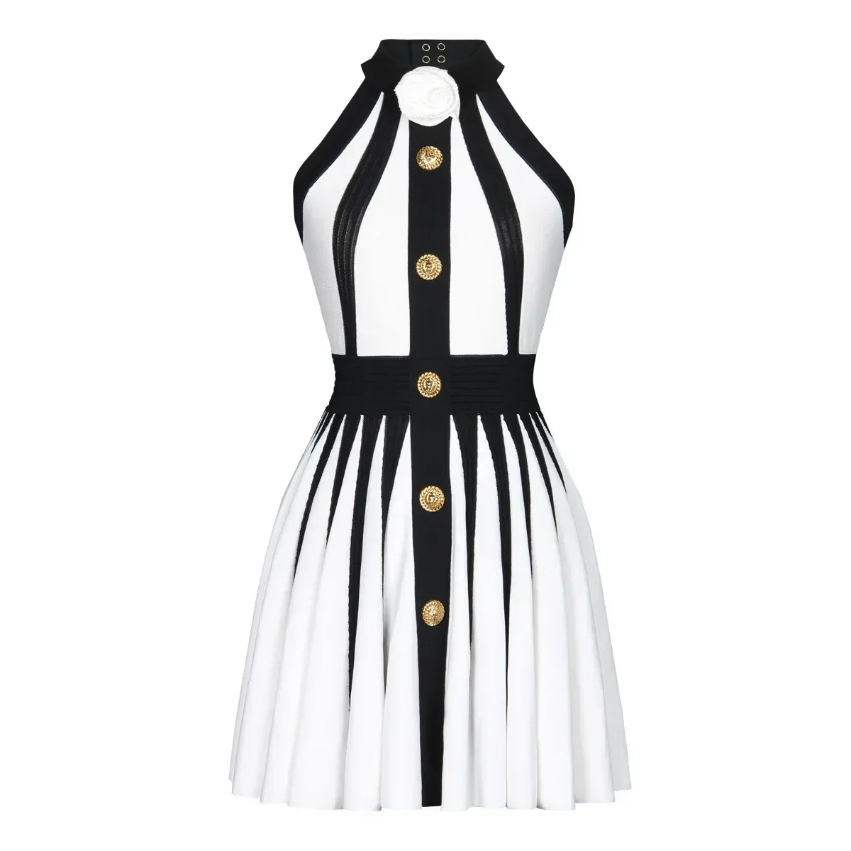 Golden Buttons Patchwork Party Dress White / Xs Partydress-241208