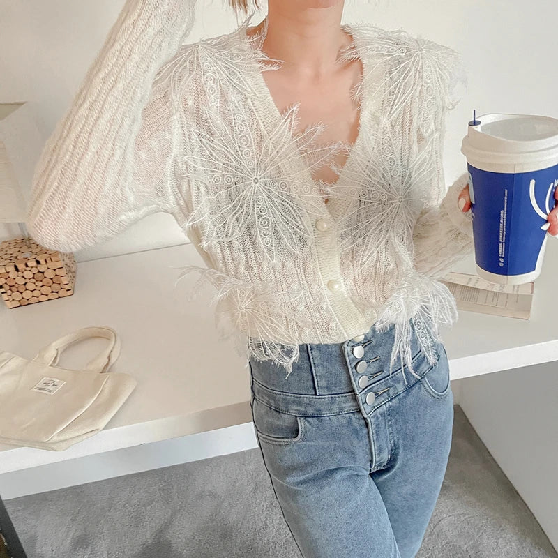 Sexy Embroidered Flower Knitted Blouse Party Blouse creamy-white / One Size blouse-250126