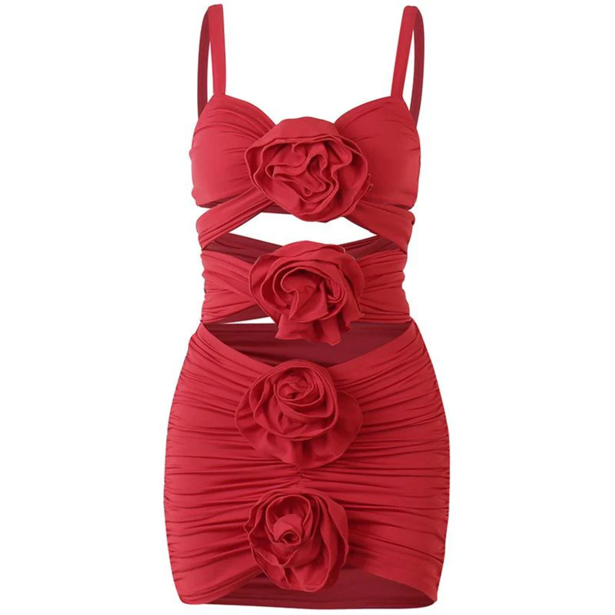 Red Spaghetti Strap Rosette Applique Ruched Cutout Bodycon Mini Dress