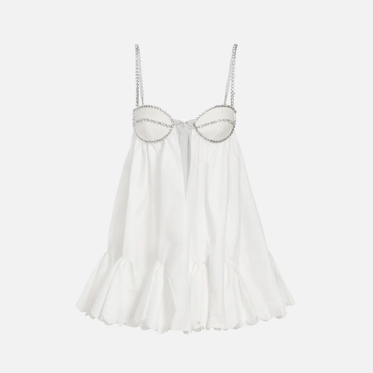 White Rhinestone Strap Underwire Poplin Babydoll Scalloped Hem Mini Dress