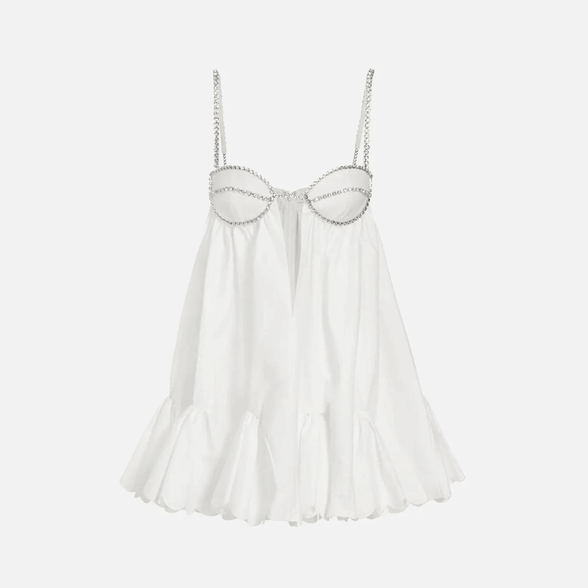 Rhinestone Strap Cup Bodice Scalloped Hem Babydoll Mini Dress