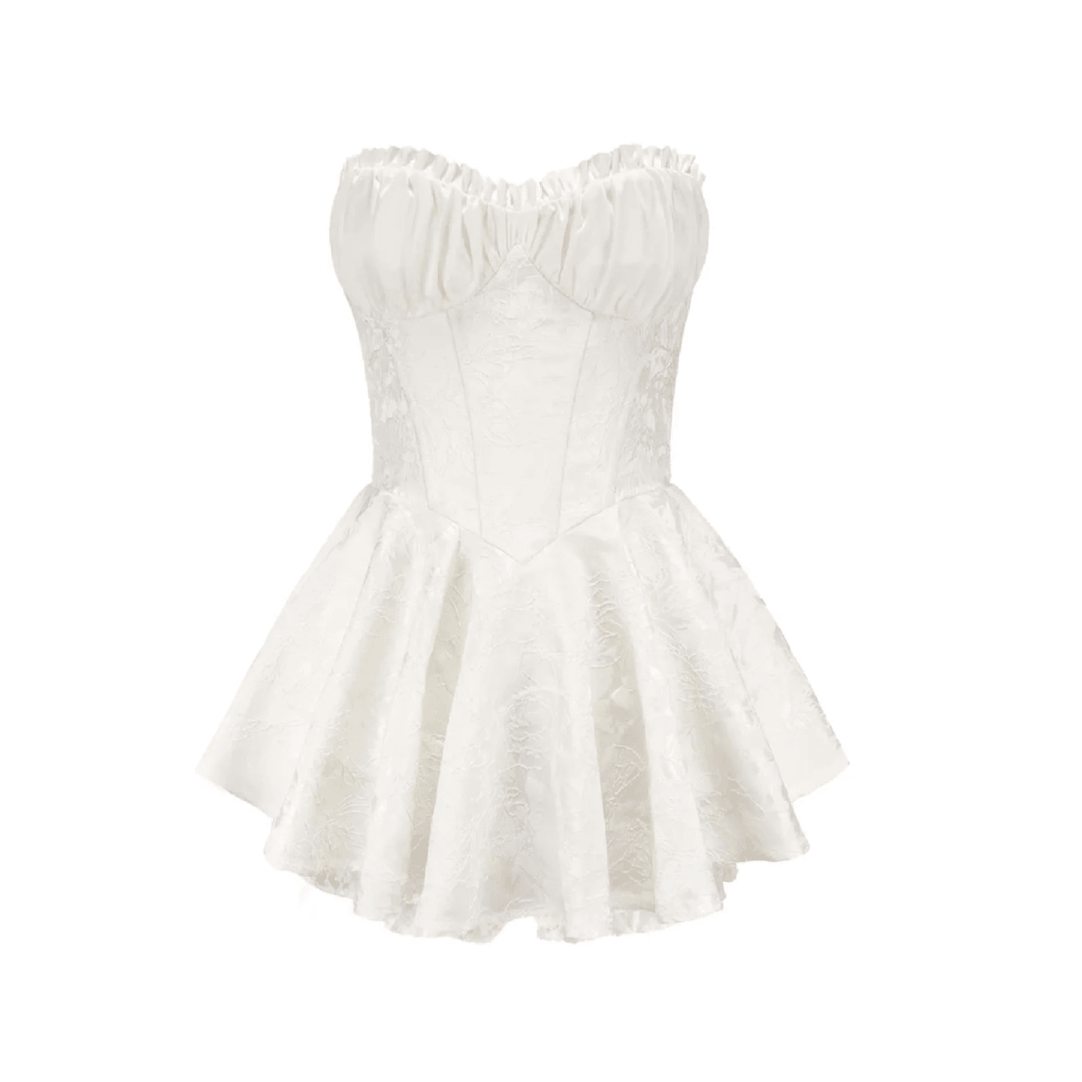 Strapless Ruffle Trim Corset Jacquard Flared Mini Dress