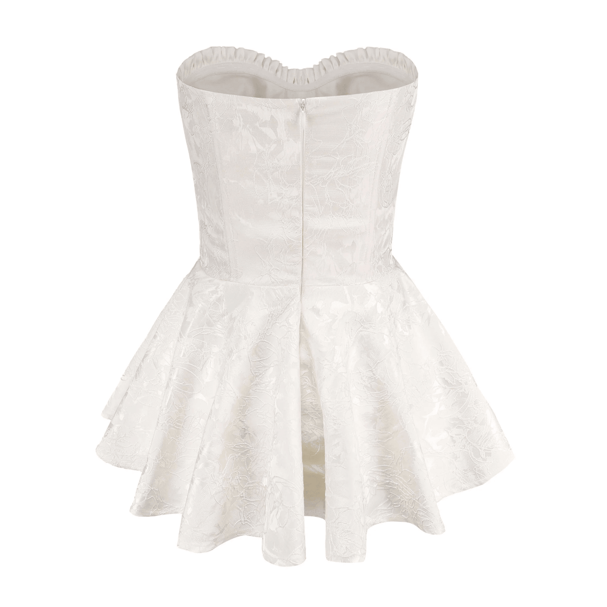 Strapless Ruffle Trim Corset Jacquard Flared Mini Dress