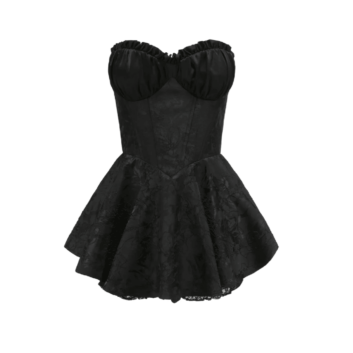 Strapless Ruffle Trim Corset Jacquard Flared Mini Dress