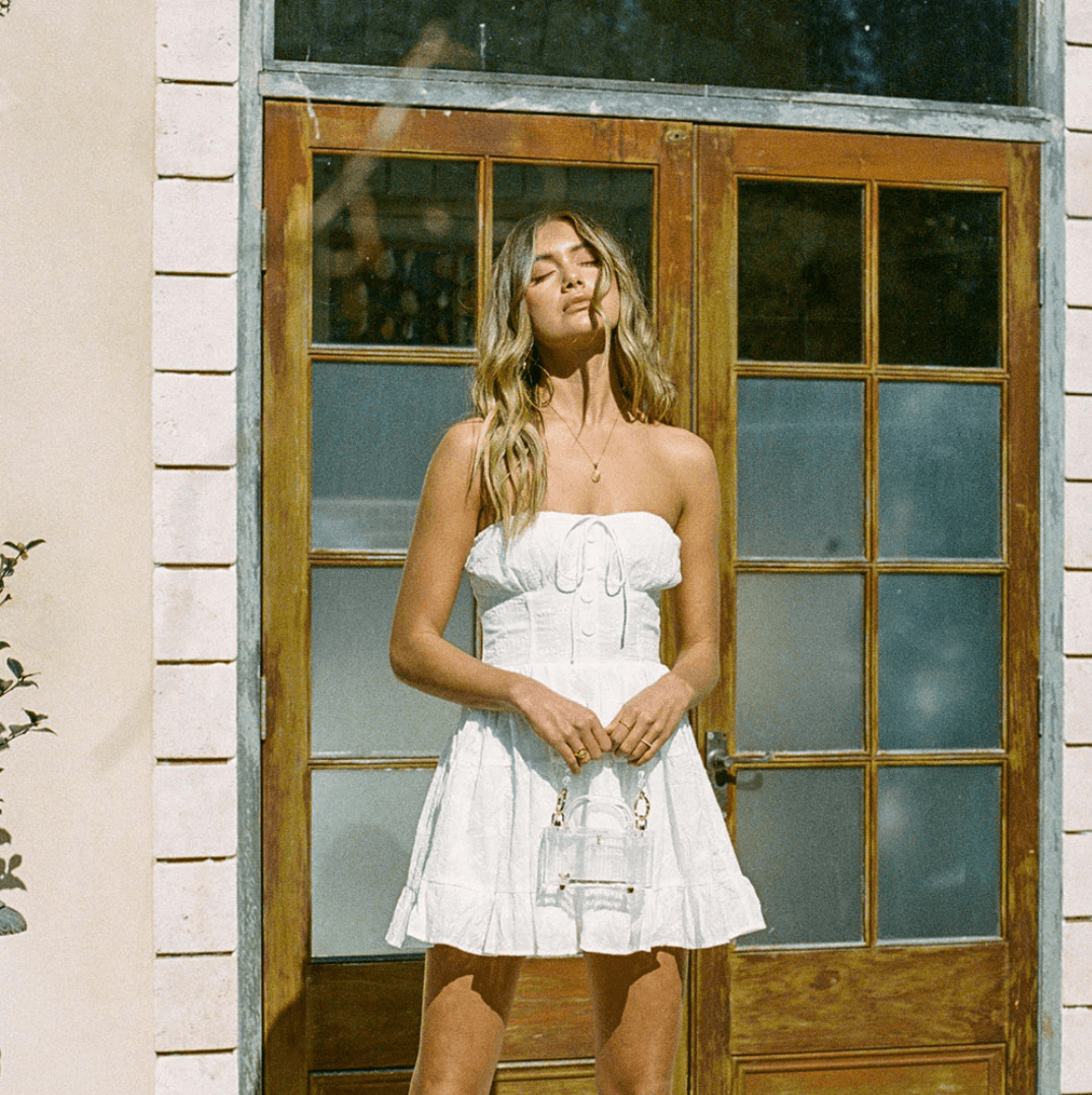 White Strapless Bow Front Eyelet Embroidery Tiered A-Line Mini Dress