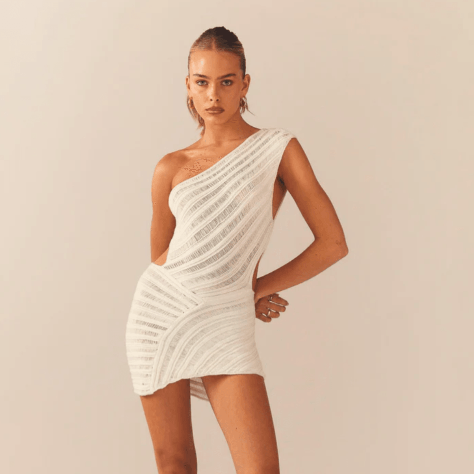 One Shoulder Textured Knit Cutout Bodycon Mini Dress