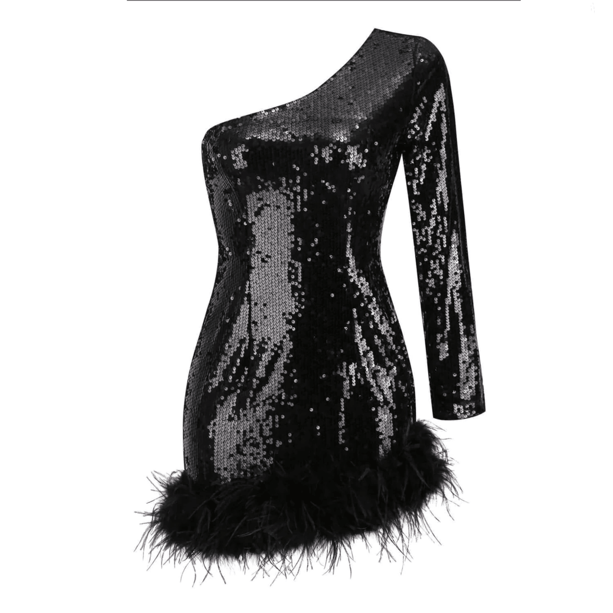 Black One Shoulder Long Sleeve Sequin Feather Trim Bodycon Mini Dress 10