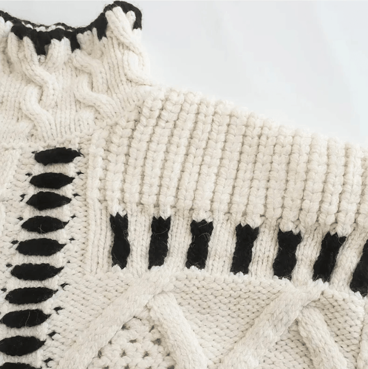 Beige Turtleneck Cable Knit Contrast Stitch Chunky Sweater