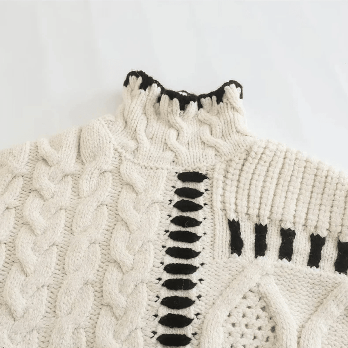 Beige Turtleneck Cable Knit Contrast Stitch Chunky Sweater