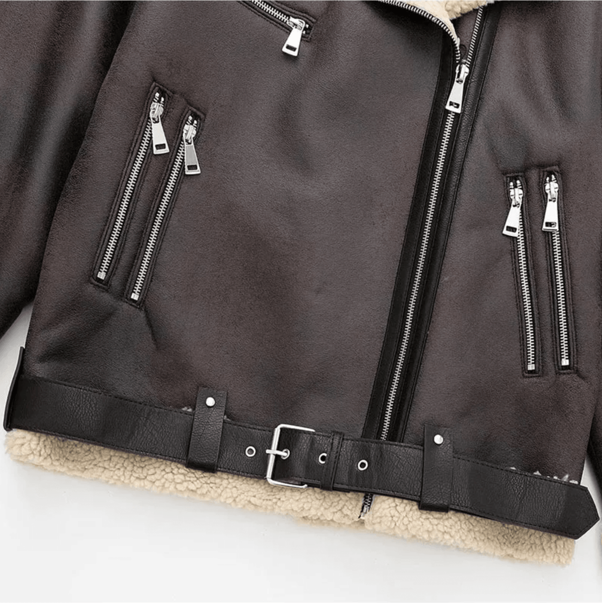 Brown Faux Shearling Lapel Leather Aviator Jacket