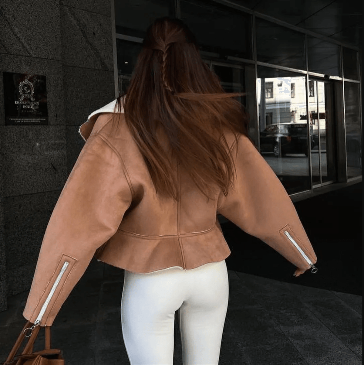 Shearling Lapel Zip Front Peplum Faux Leather Jacket