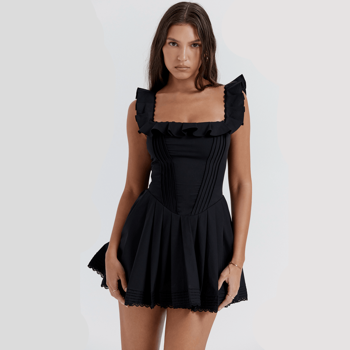 Black Ruffle Strap Square Neck Pleated Corset Lace Trim Flared Mini Dress